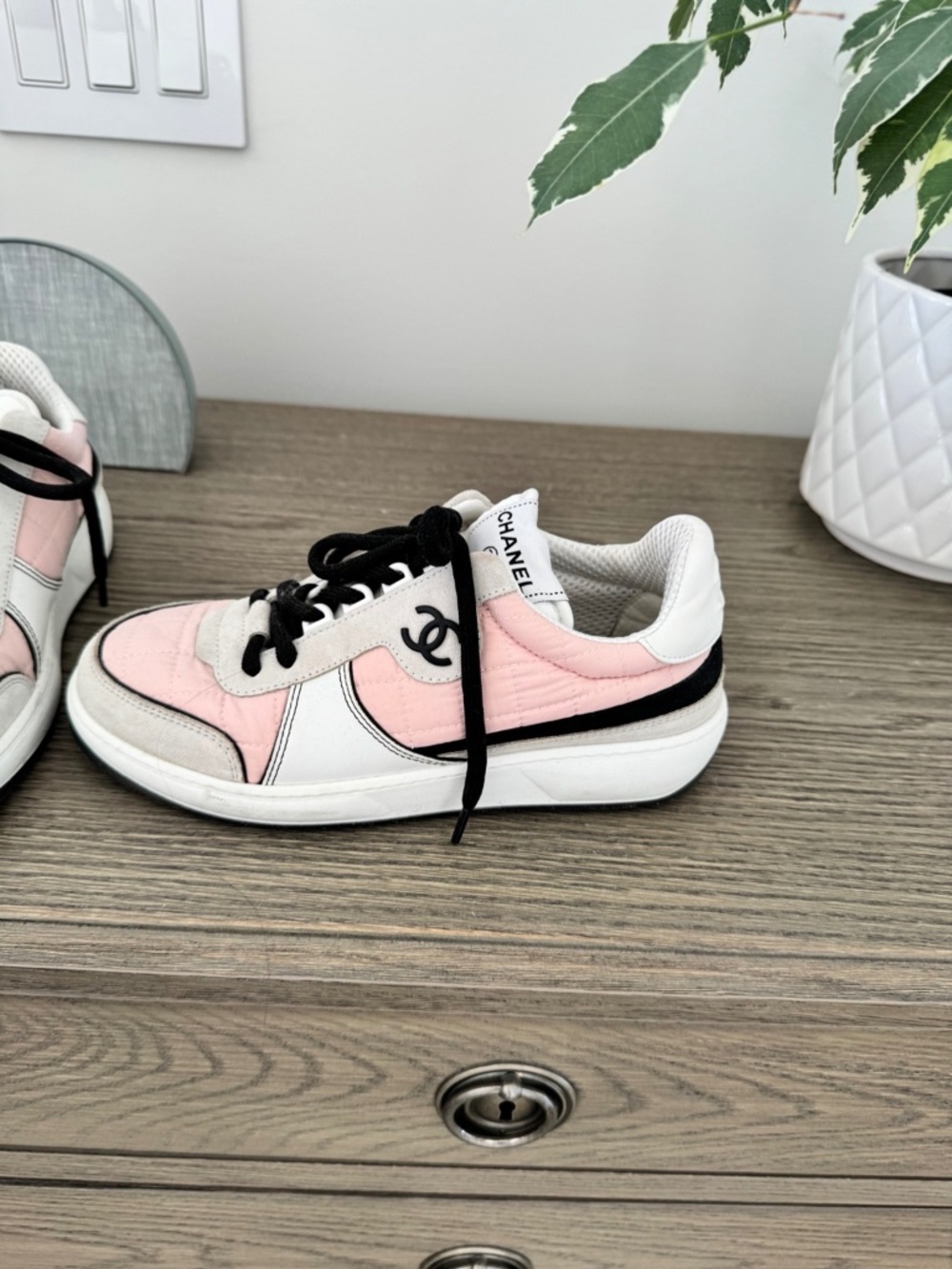 Chanel White, Blush Pink & Black Low-Top Sneakers